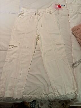 Women’s Cream Cargo Pants with Elastic Drawstring Waist